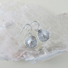 Load image into Gallery viewer, Sand dollar imprinted dangle earrings from Parksville, Vancouver Island - Swallow Jewellery
