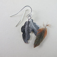 Load image into Gallery viewer, Hummingbird feather imprinted dangle earrings from Gabriola Island, BC by Swallow Jewellery