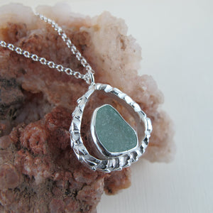 Cedar leaf imprinted loop necklace with sea glass from Victoria, BC - Swallow Jewellery