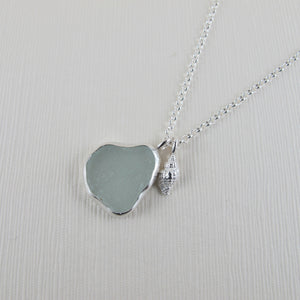 Sea glass long necklace with shell from Bear Beach, BC - Swallow Jewellery