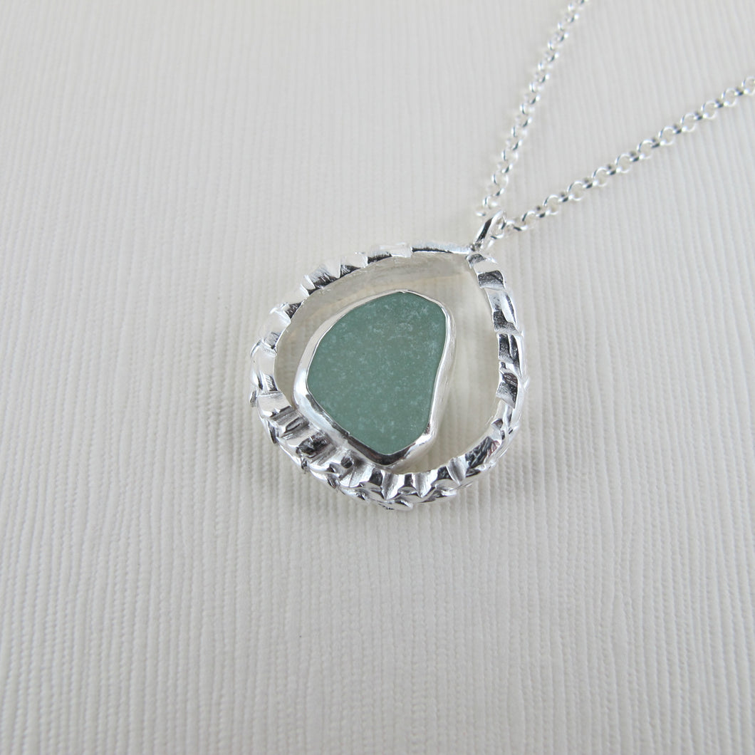 Cedar leaf imprinted loop necklace with sea glass from Victoria, BC - Swallow Jewellery