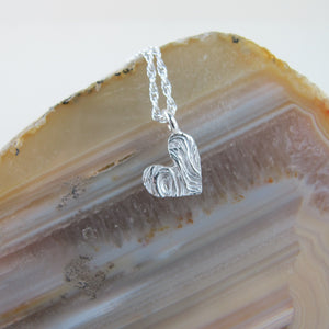 Driftwood imprinted heart necklace from Mystic Beach, BC - Swallow Jewellery