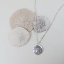 Load image into Gallery viewer, Sand dollar imprinted long necklace from Miracle Beach, Vancouver Island - Swallow Jewellery