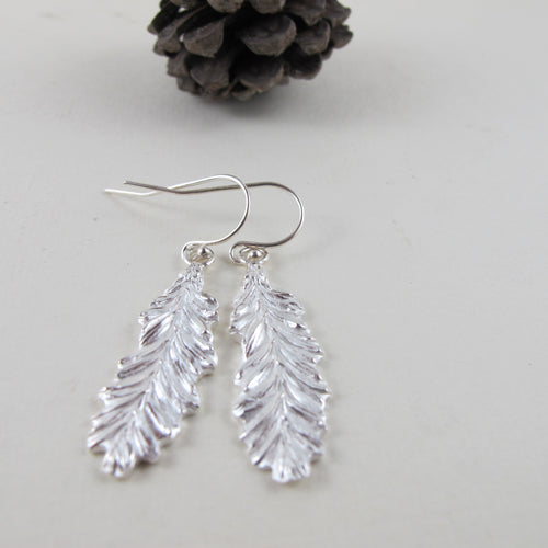 Coastal Redwood leaf imprint dangle earrings from Victoria, BC - Swallow Jewellery