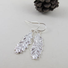 Load image into Gallery viewer, Coastal Redwood leaf imprint dangle earrings from Victoria, BC - Swallow Jewellery