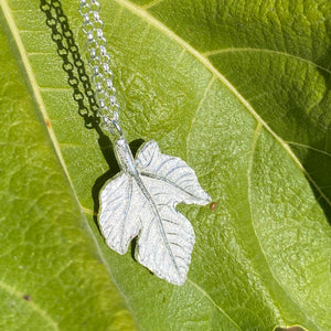 Fig leaf imprinted long necklace from Victoria, BC by Swallow Jewellery
