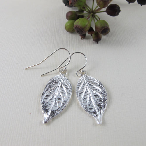 Hydrangea leaf imprinted dangle earrings from Victoria, BC - Swallow Jewellery