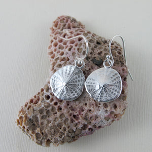 Sand dollar imprinted dangle earrings from Parksville, Vancouver Island - Swallow Jewellery