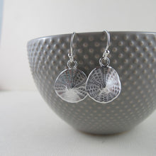Load image into Gallery viewer, Sand dollar imprinted dangle earrings from Parksville, Vancouver Island - Swallow Jewellery