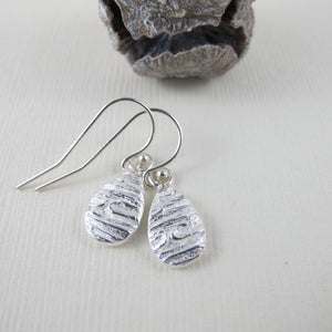 Arbutus bark imprinted dangle earrings from Galiano Island, BC - Swallow Jewellery