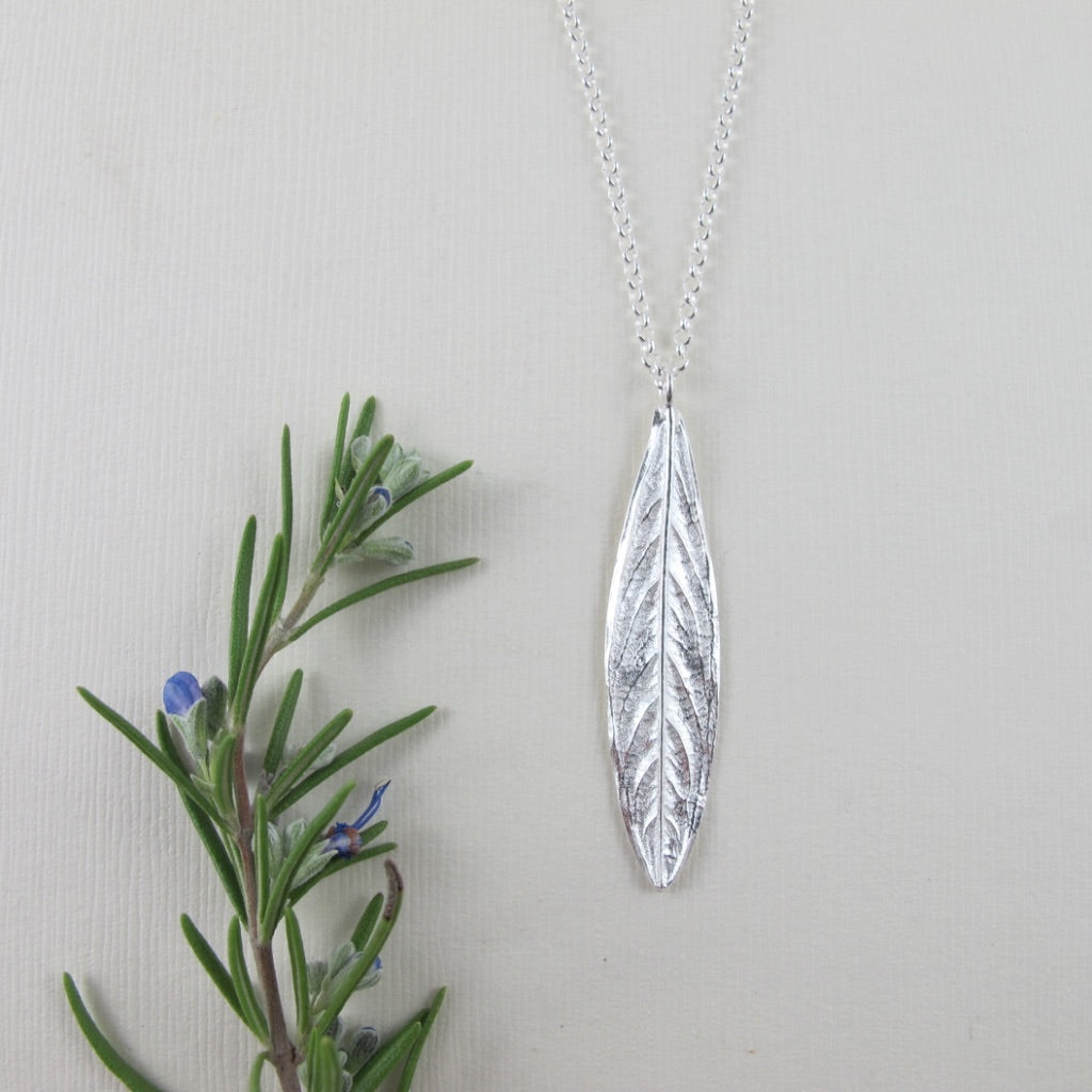 Willow leaf imprinted long necklace from Galiano Island, BC - Swallow Jewellery