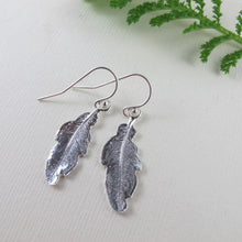 Load image into Gallery viewer, Hummingbird feather imprinted dangle earrings from Gabriola Island, BC by Swallow Jewellery