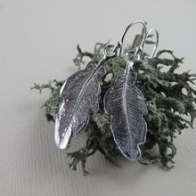 Load image into Gallery viewer, Hummingbird feather imprinted dangle earrings from Gabriola Island, BC by Swallow Jewellery