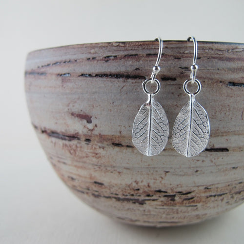 Mini wild rose leaf imprinted dangle earrings from Victoria - Swallow Jewellery