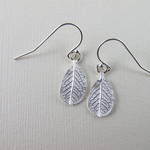 Mini wild rose leaf imprinted dangle earrings from Victoria - Swallow Jewellery