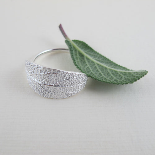 Sage leaf imprinted ring from Victoria, BC by Swallow Jewellery