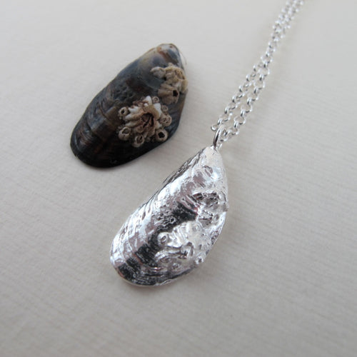 Mussel shell imprinted long necklace from Cox Bay, Tofino by Swallow Jewellery